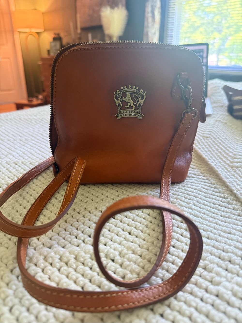 Pratesi Tan Leather Crossbody with Crest Logo